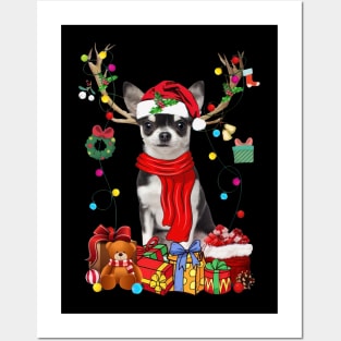 Black Chihuahua Reindeer Santa Christmas Color Lights Posters and Art